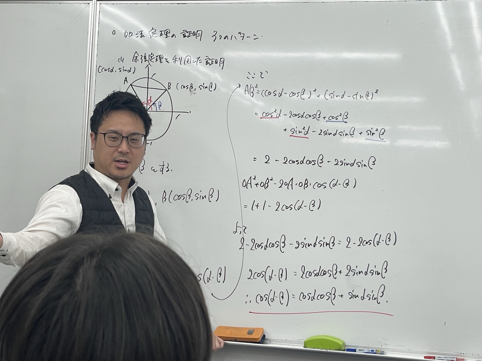 ホワイトボードに加法定理の証明を板書する授業